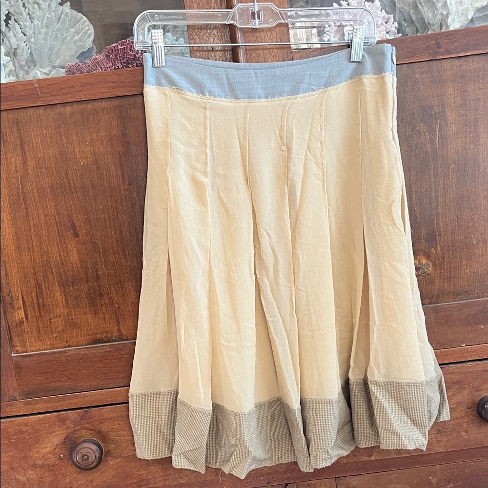 Tufi Duek Cream Midi Skirt with Blue Waistband and Tan Hem